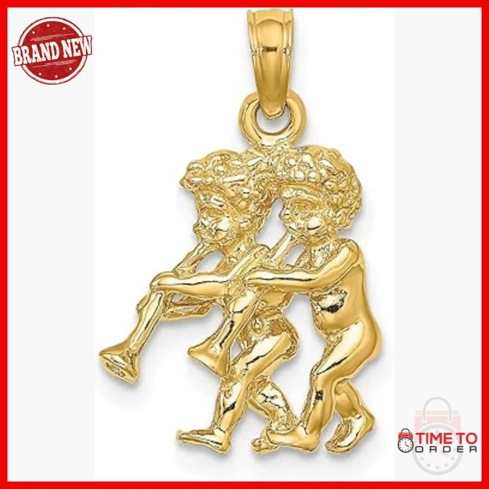14K Yellow Gold Twin Cherub Trumpet Pendant Necklace, Baroque Angel Charm